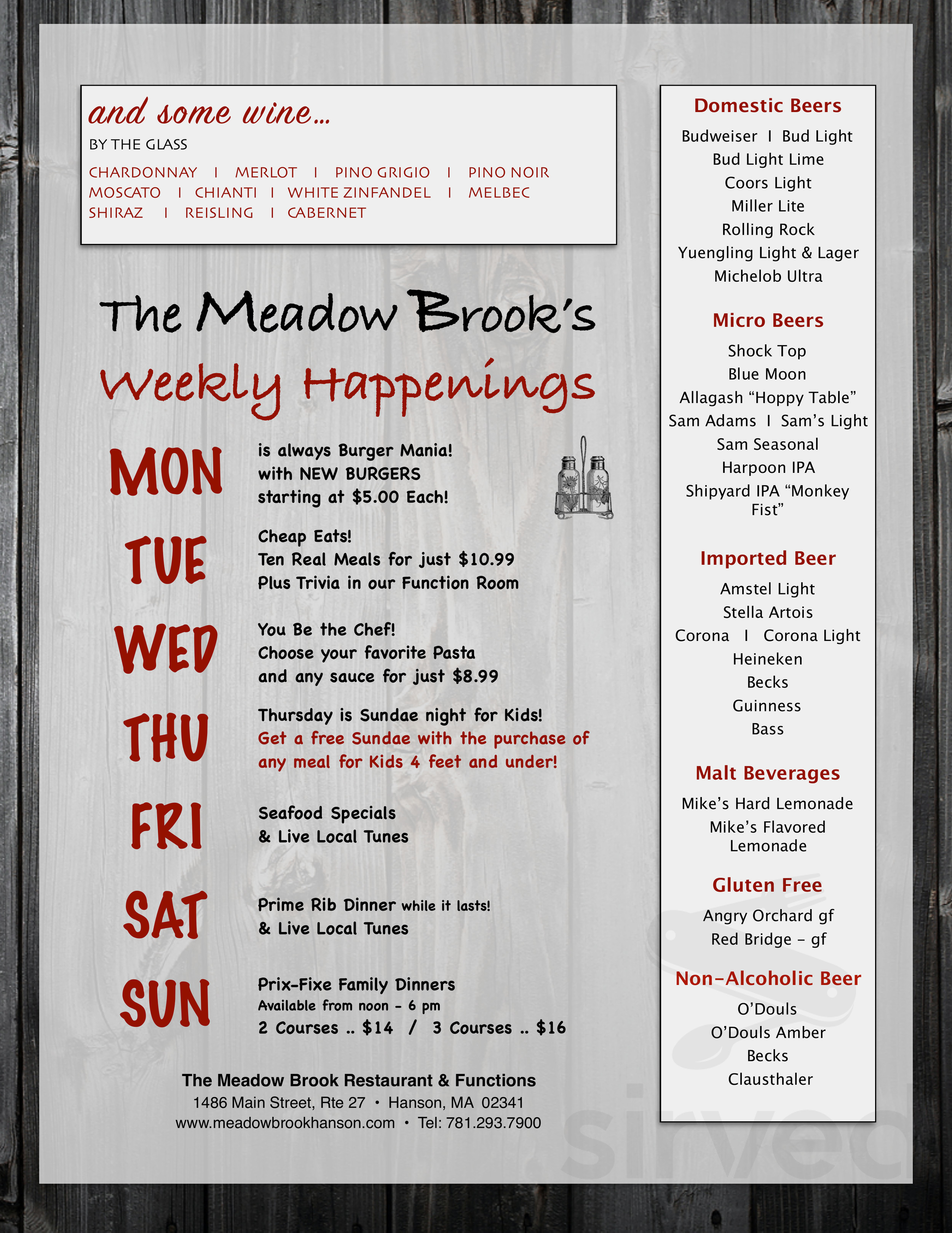 The Meadow Brook Restaurant & Functions menu in Hanson, Massachusetts, USA