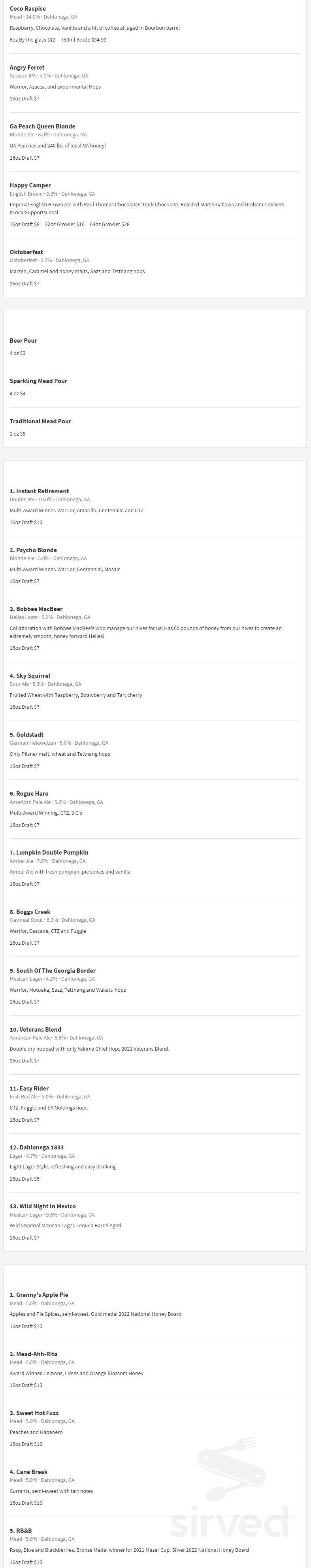 Menu Dahlonega GA's Etowah Meadery Sirved