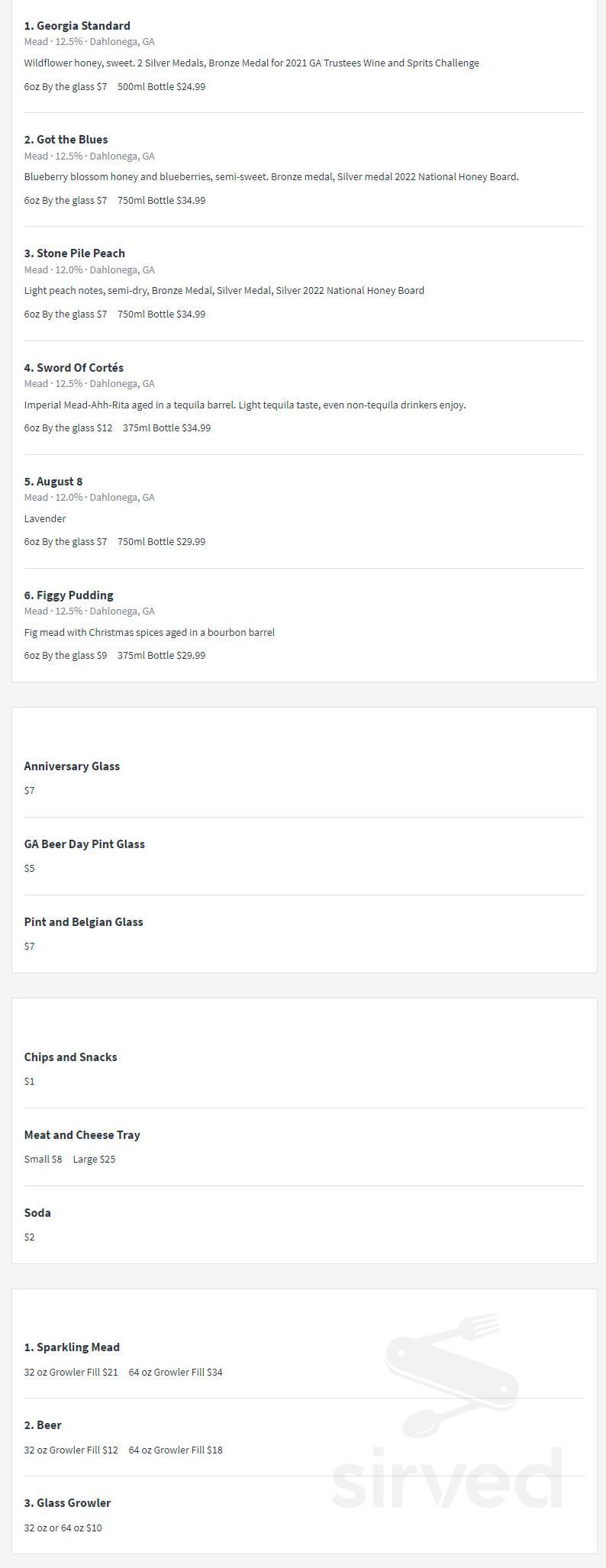 Menu Dahlonega GA's Etowah Meadery Sirved