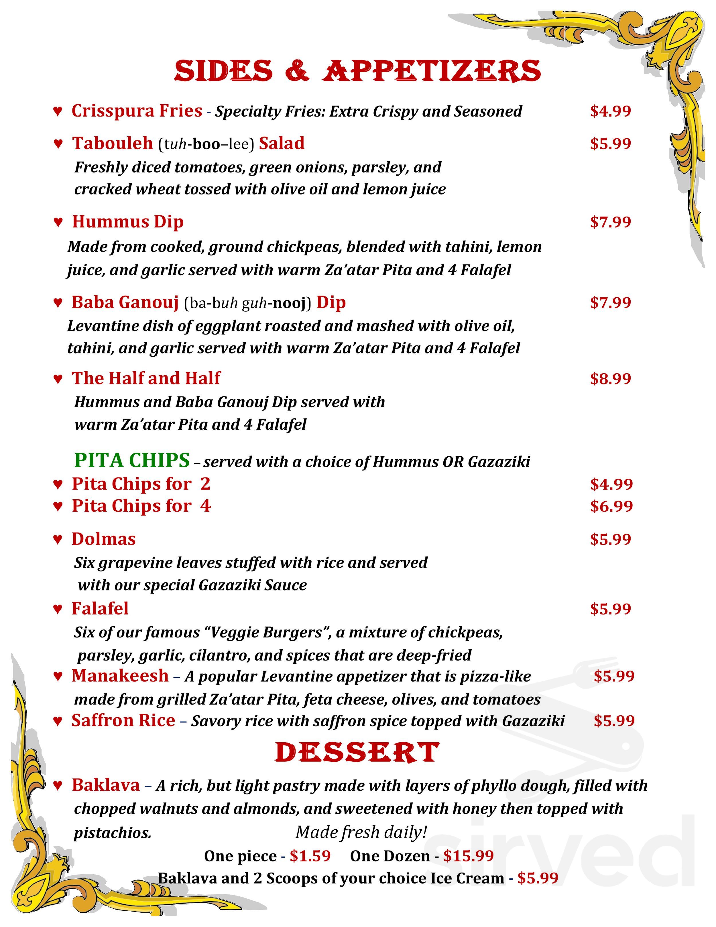 Menu - Colorado Springs CO's Heart Of Jerusalem Cafe | Sirved