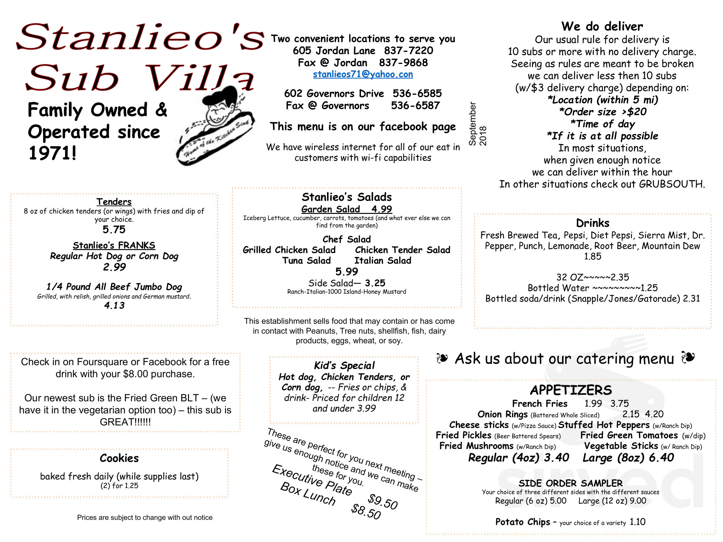 Stanlieo's Sub Villa menu in Huntsville, Alabama, USA