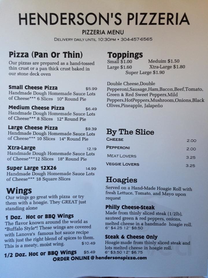 Henderson's Pizzeria Limited Company menu in Philippi, West Virginia, USA
