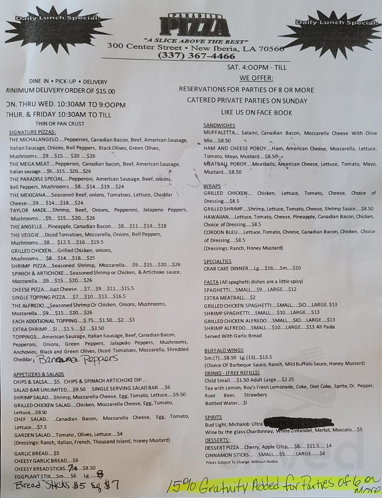Menu for Paradise Pizza in New Iberia, LA Sirved