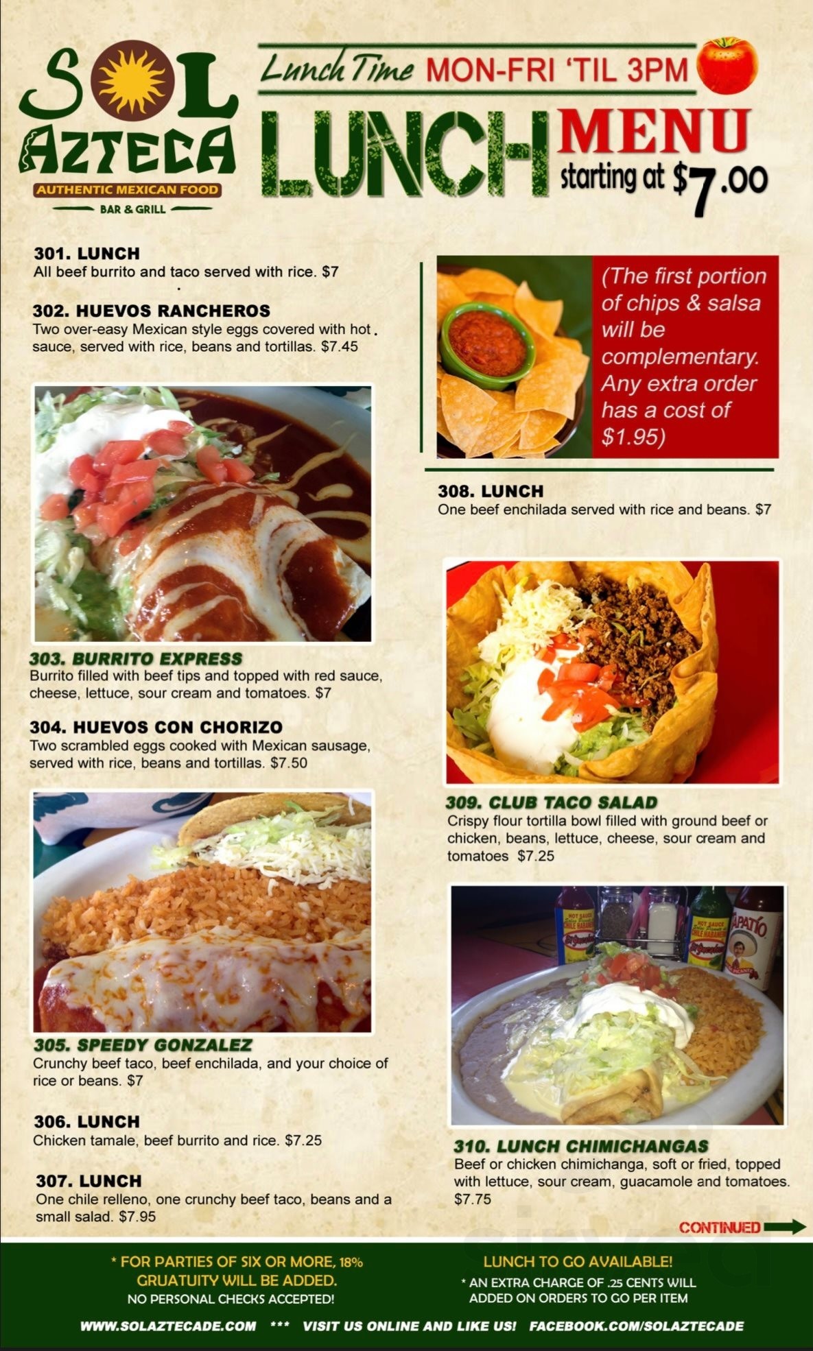 Sol Azteca Mexican Bar & Grill menu in Georgetown, Delaware, USA
