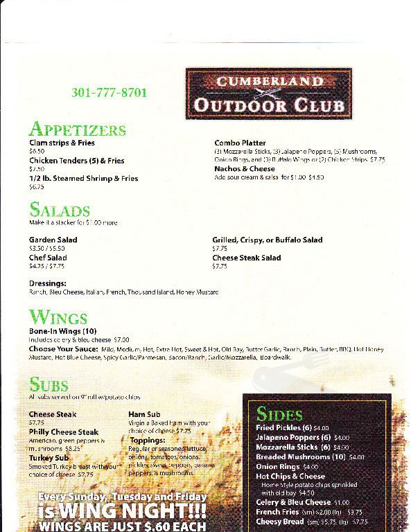 Menu - Cumberland MD's Cumberland Outdoor Club Inc | Sirved