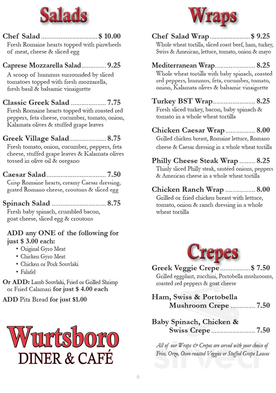 Wurtsboro Diner and Cafe menu in Wurtsboro, New York, USA