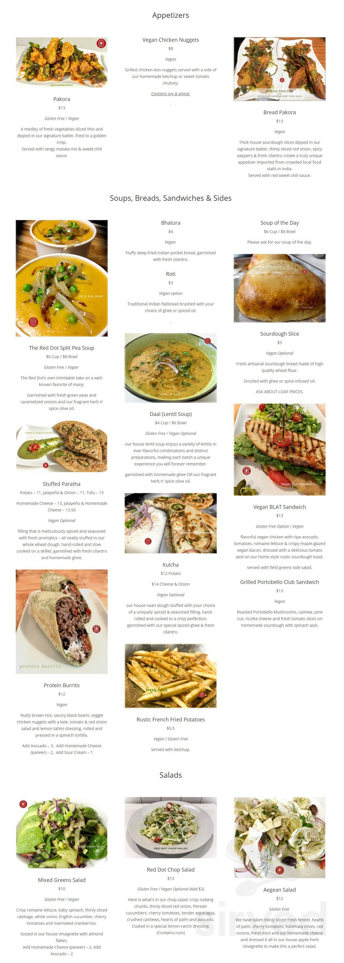The Red Dot Vegetarian Kitchen menu in Frazier Park, California