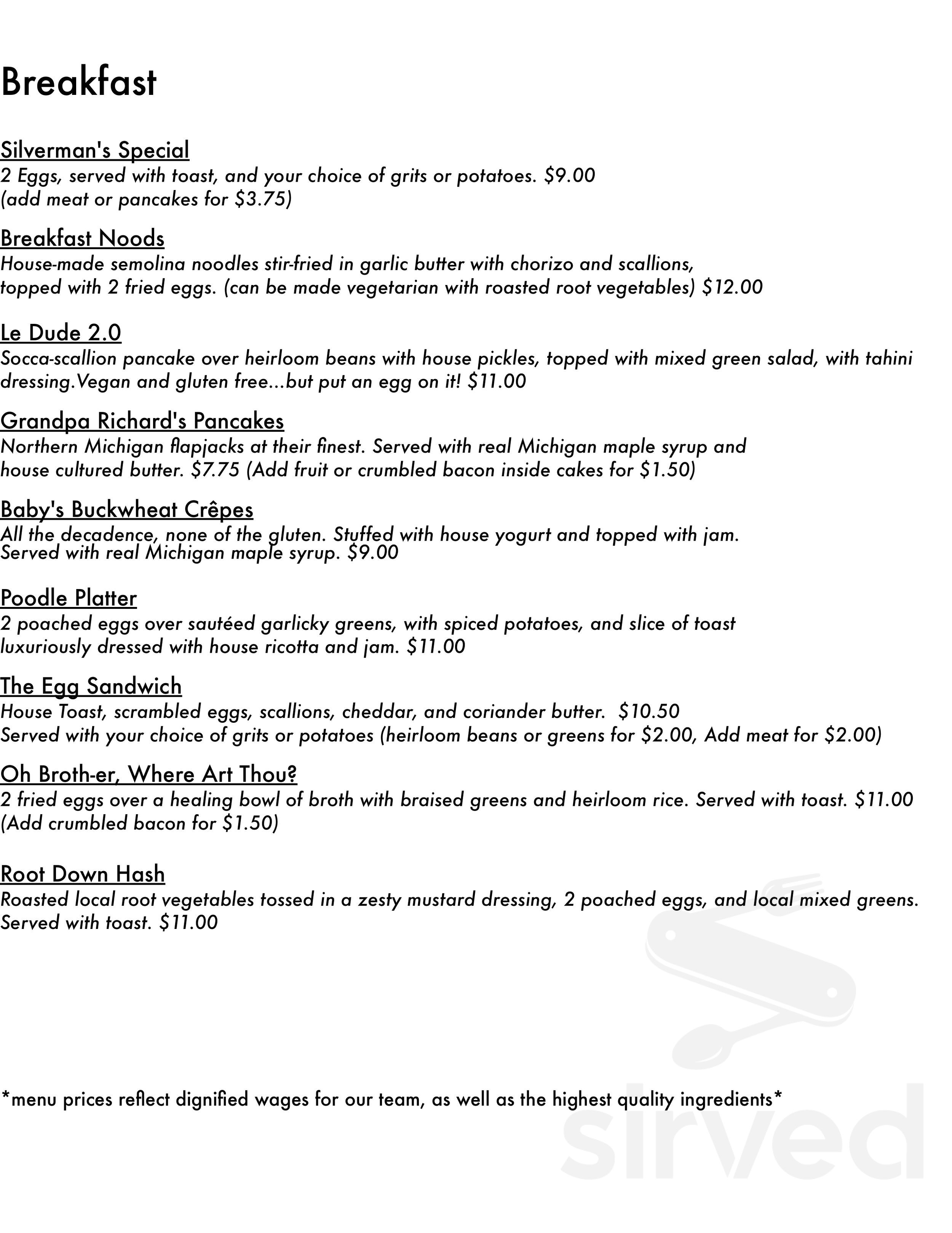 Rose's Fine Food and Wine menu in Detroit, Michigan, USA