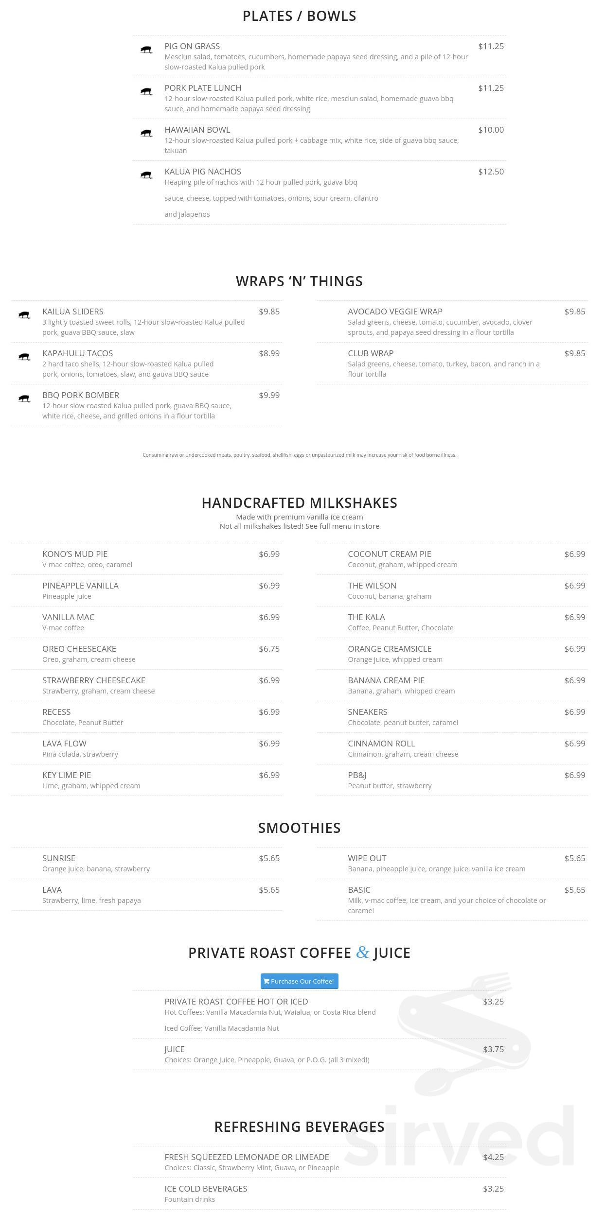 Kono s Northshore Menu In Las Vegas Nevada USA