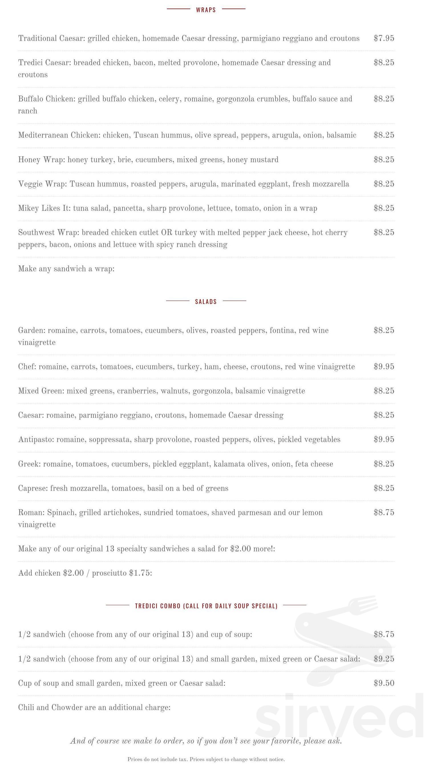 Tredici Italian Market menu in Wayne, Pennsylvania