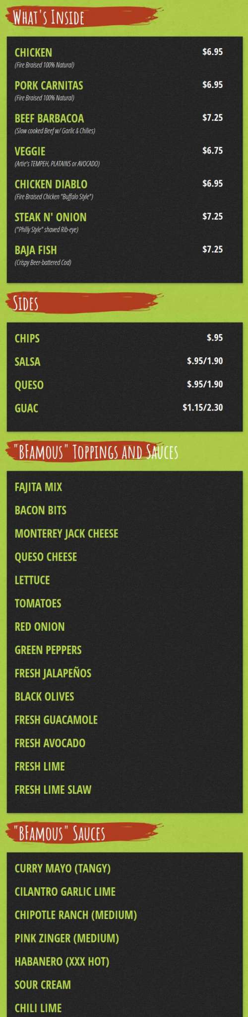 Burrito Famous menu in Gainesville, Florida, USA