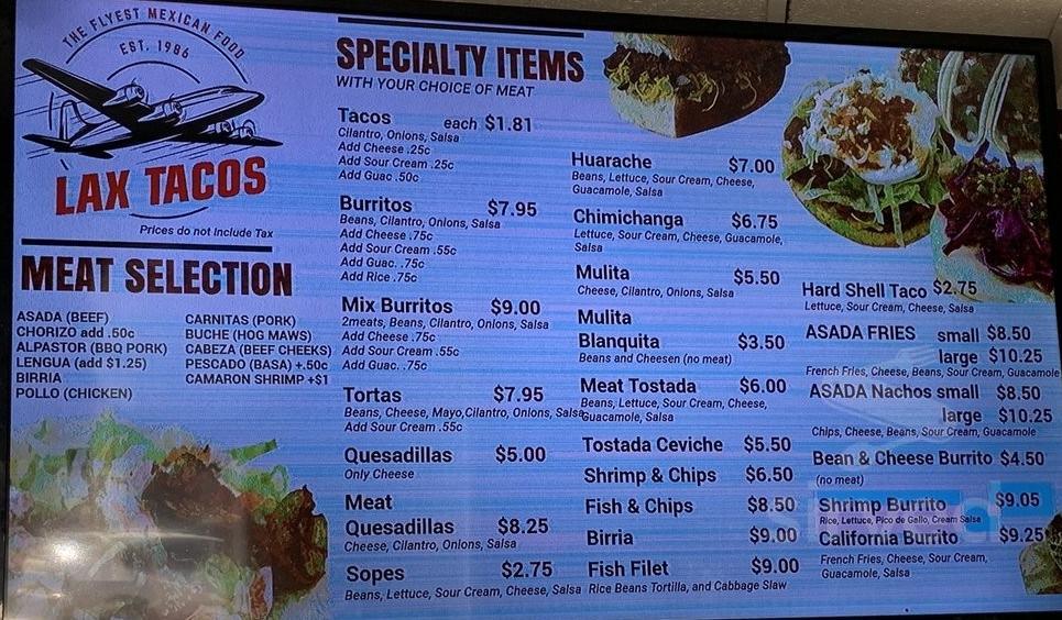 Lax Tacos menu in Inglewood, California, USA