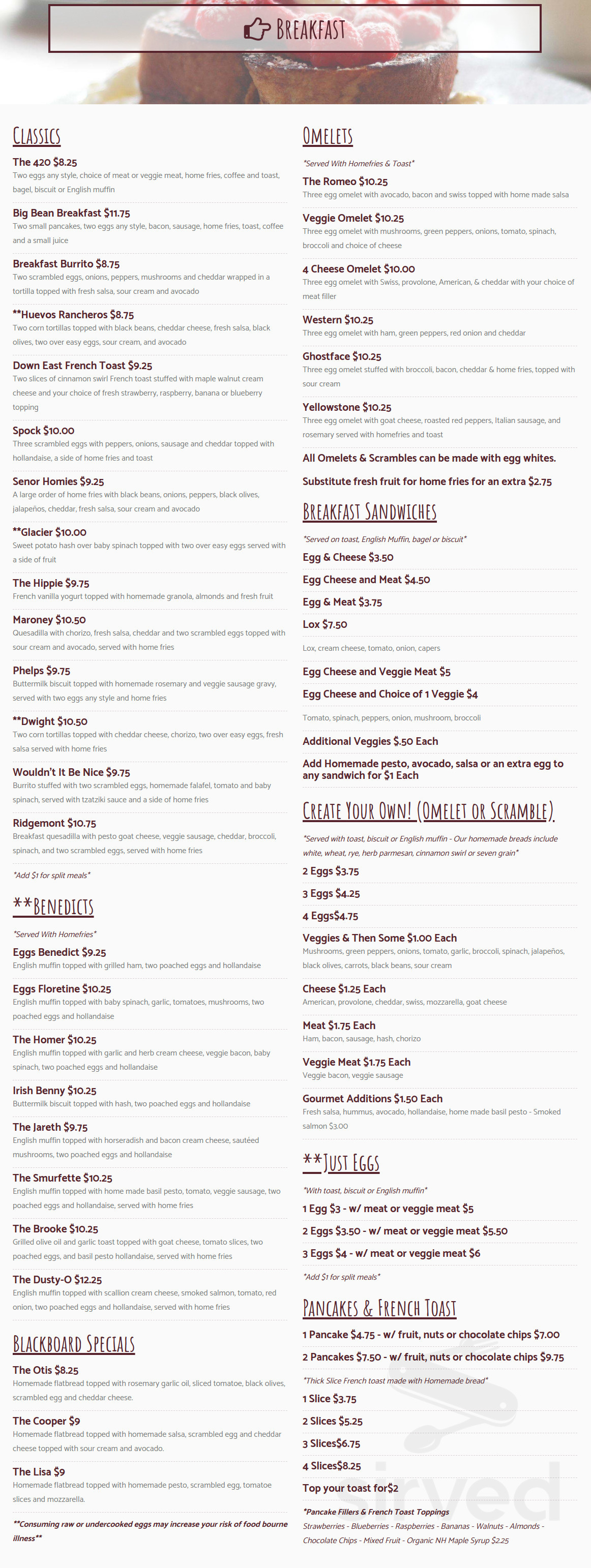 The Big Bean Cafe menu in Newmarket, New Hampshire, USA