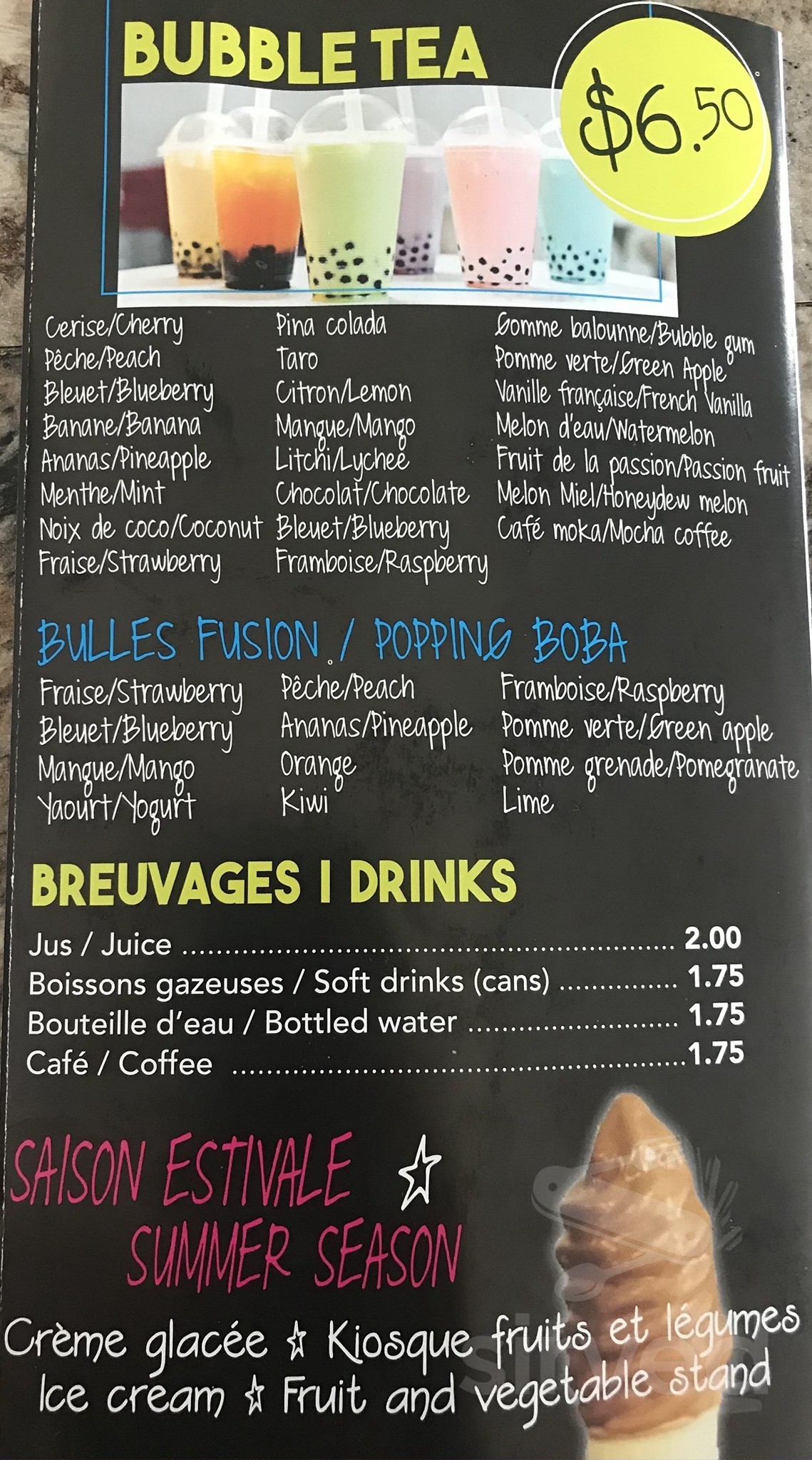 Patati Patata menu in Ontario, Canada