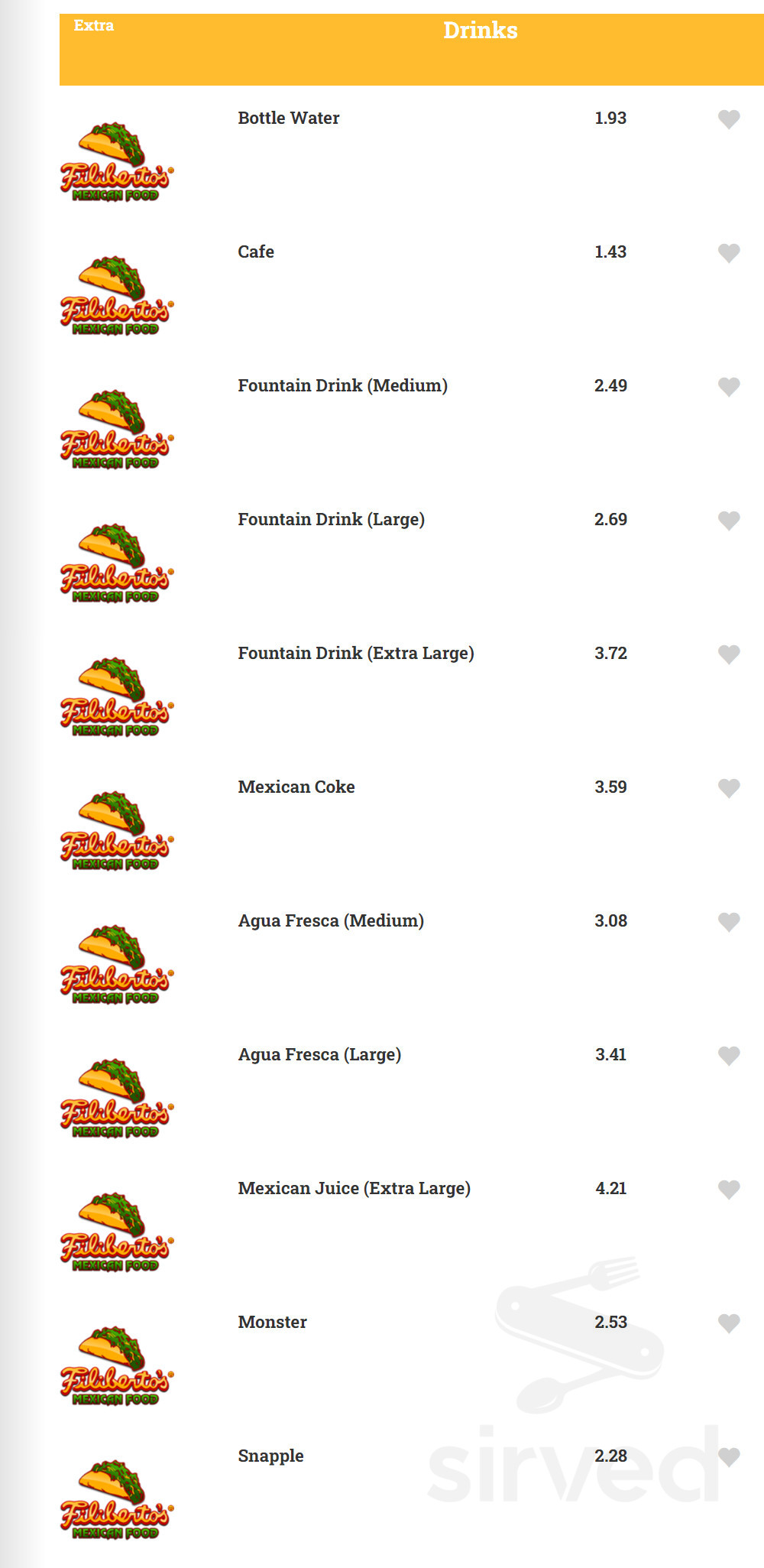 Filibertos Mexican food menu in Apache Junction, Arizona, USA