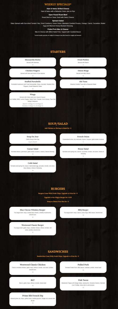 Westwood Golf Club menu in Woodbury, New Jersey, USA