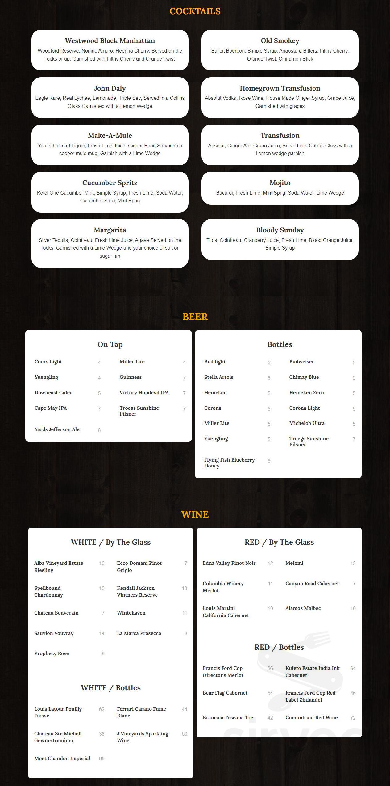 Westwood Golf Club menu in Woodbury, New Jersey, USA