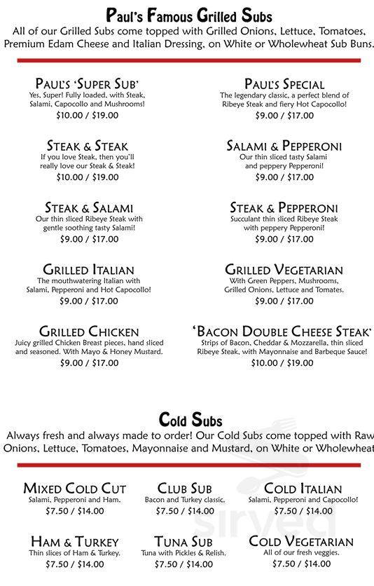 Menu - Burnaby BC's Paul's Sub Shop | Sirved
