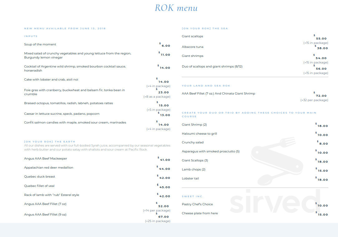 Menu for Rok in Estérel, QC | Sirved