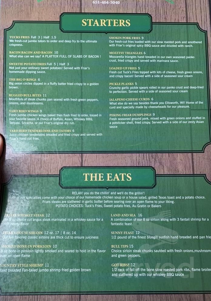Menu Forest Lake MN's Friar's Sirved