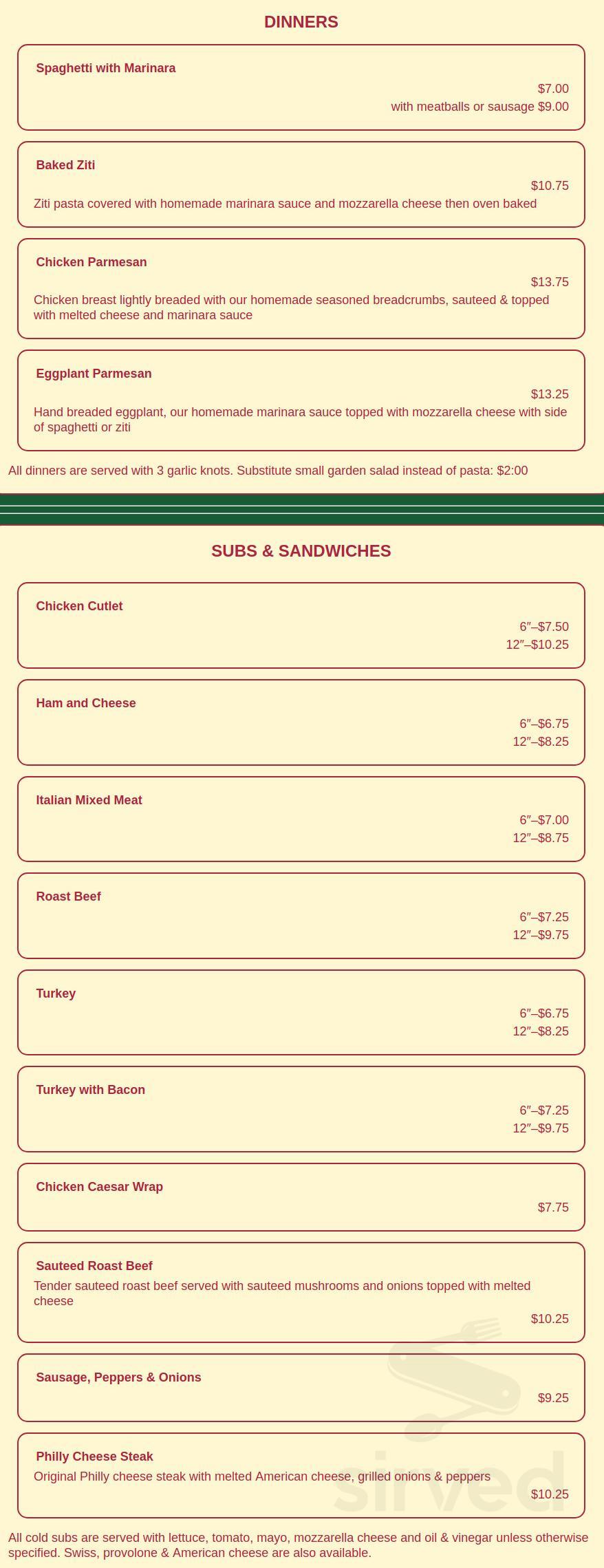 Tino's Pizza menu in Oneonta, New York, USA