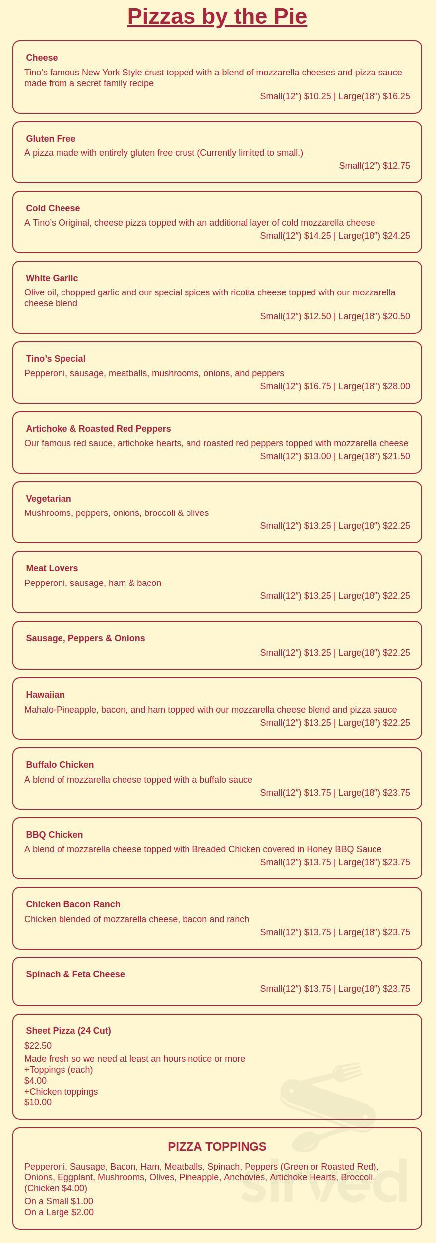 Tino's Pizza menu in Oneonta, New York, USA