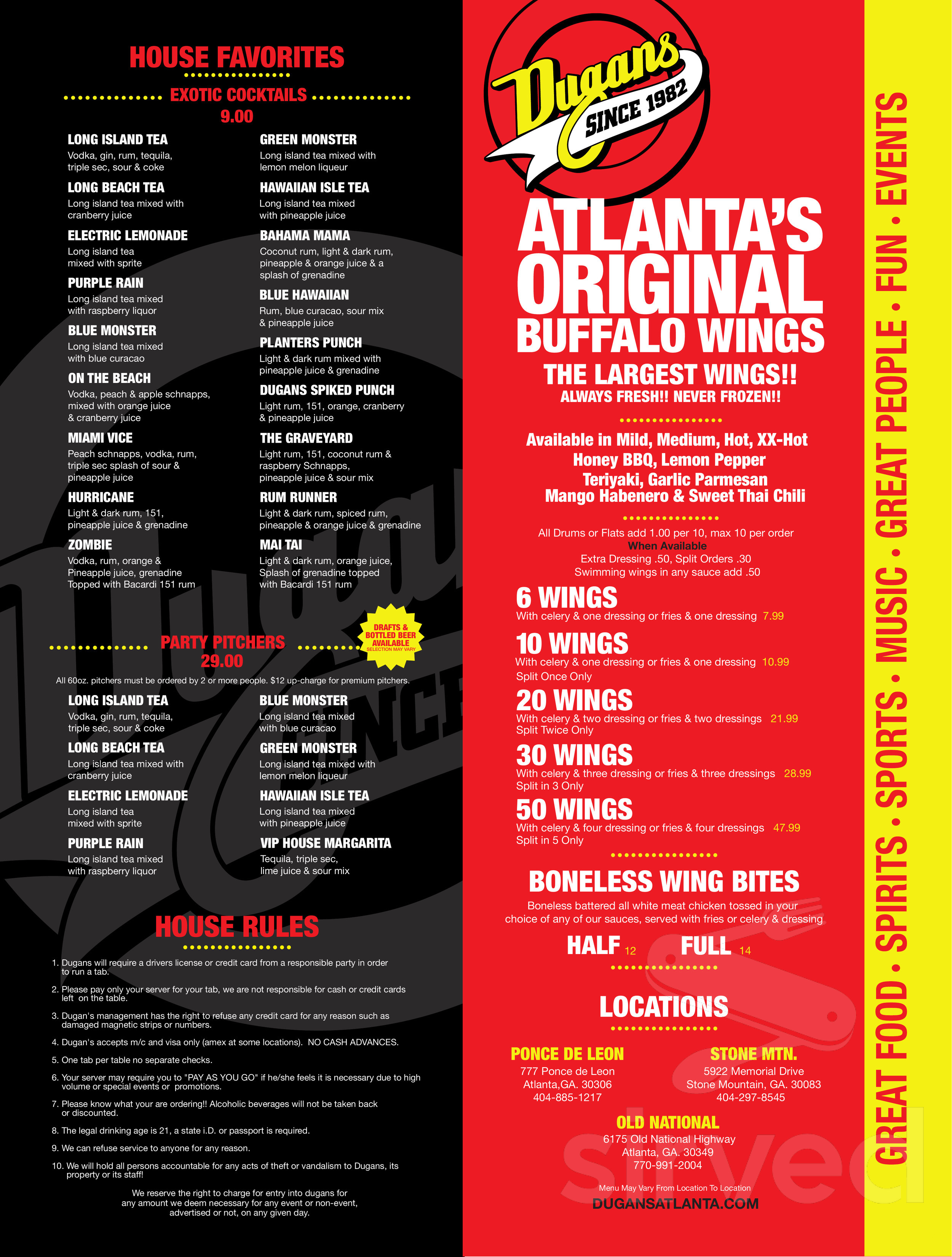 Menu for Dugan's Restaurant & Bar in Atlanta, GA Sirved