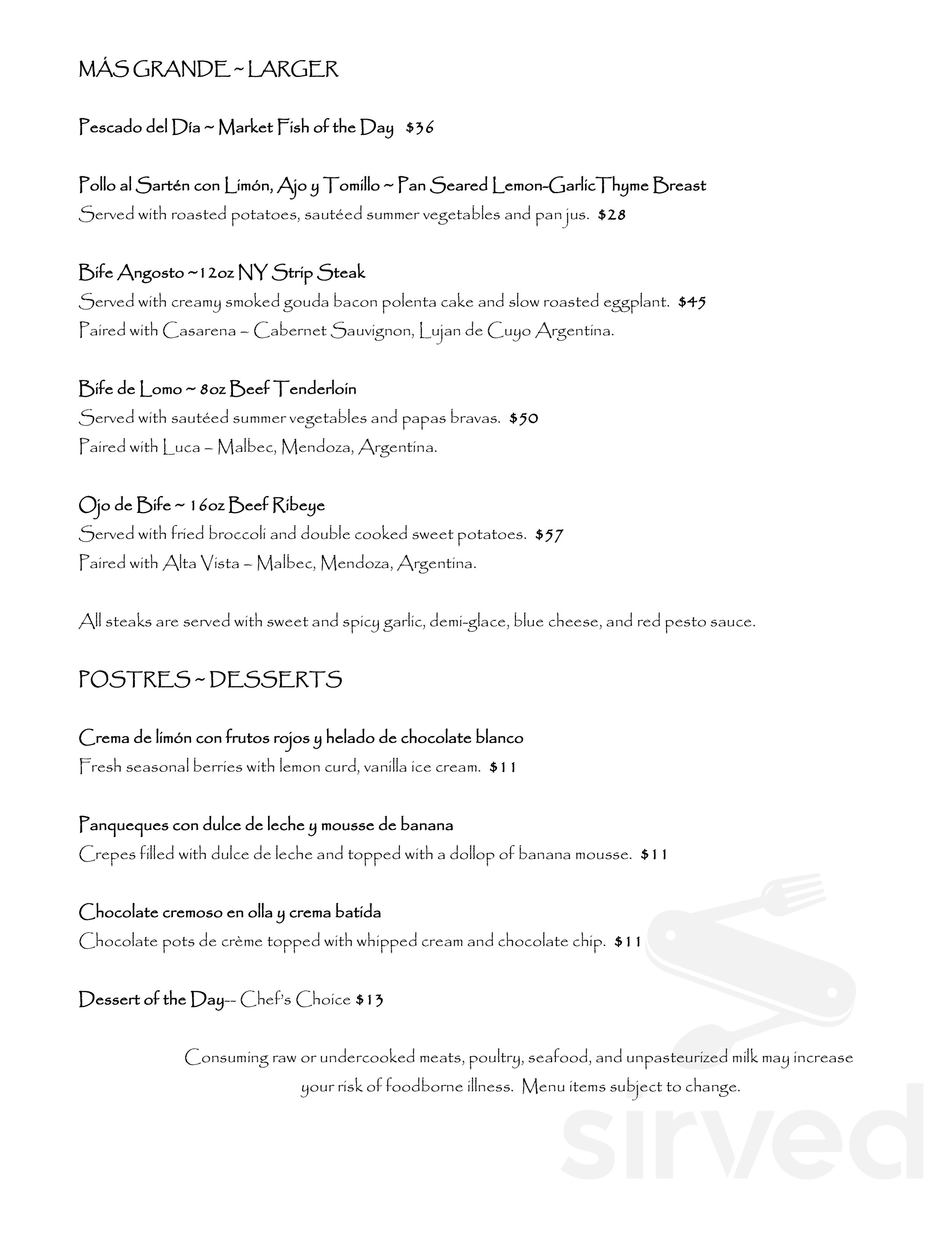 Menu San Antonio TX's VBar Sirved
