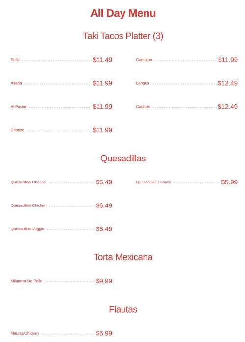 Taki Tacos menu in Herndon, Virginia, USA