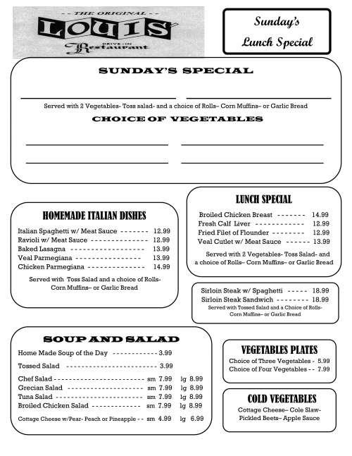 The Original Louis Drive in Restaurant menu in Knoxville, Tennessee, USA