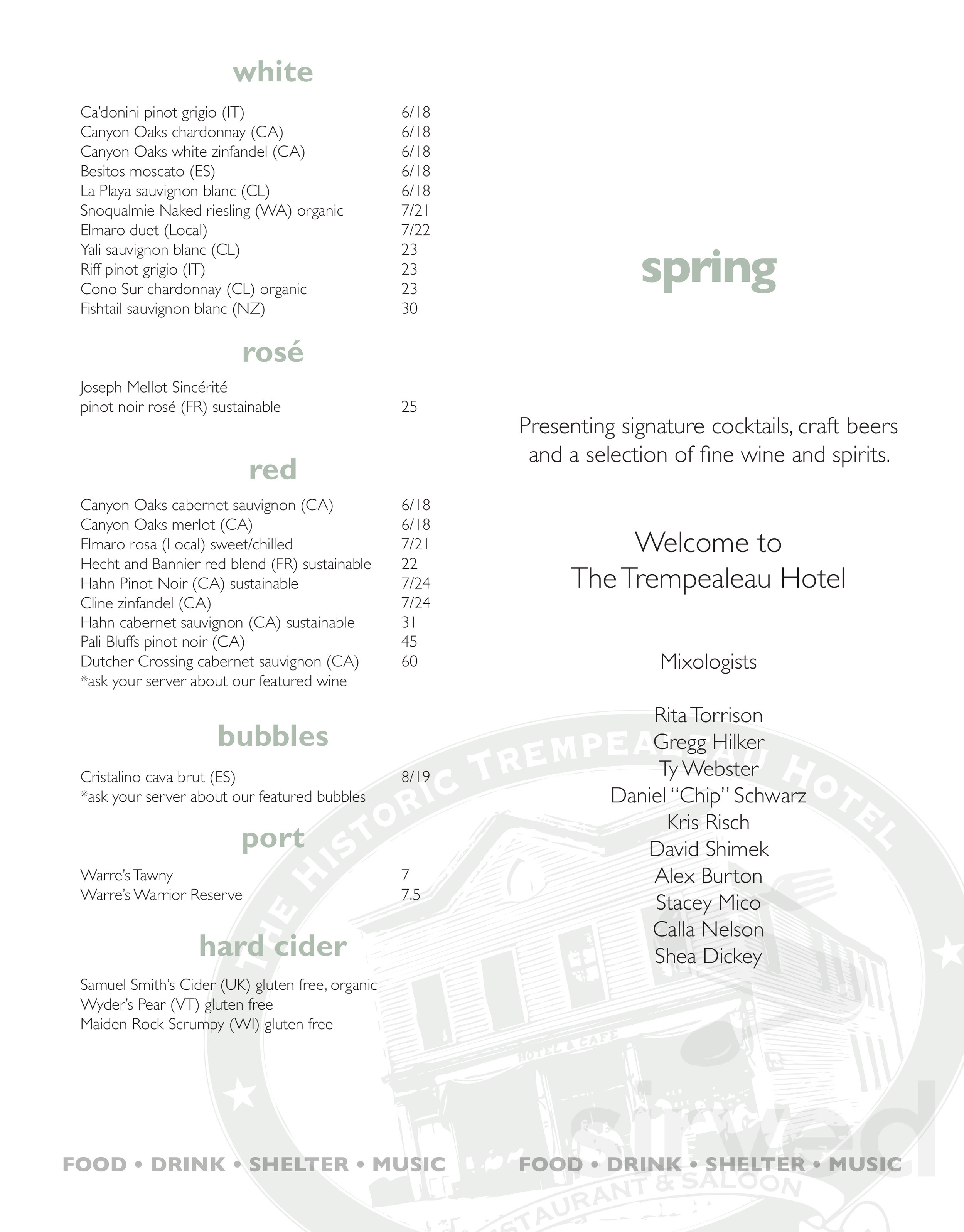 Trempealeau Hotel, Restaurant and Saloon menu in Trempealeau, Wisconsin