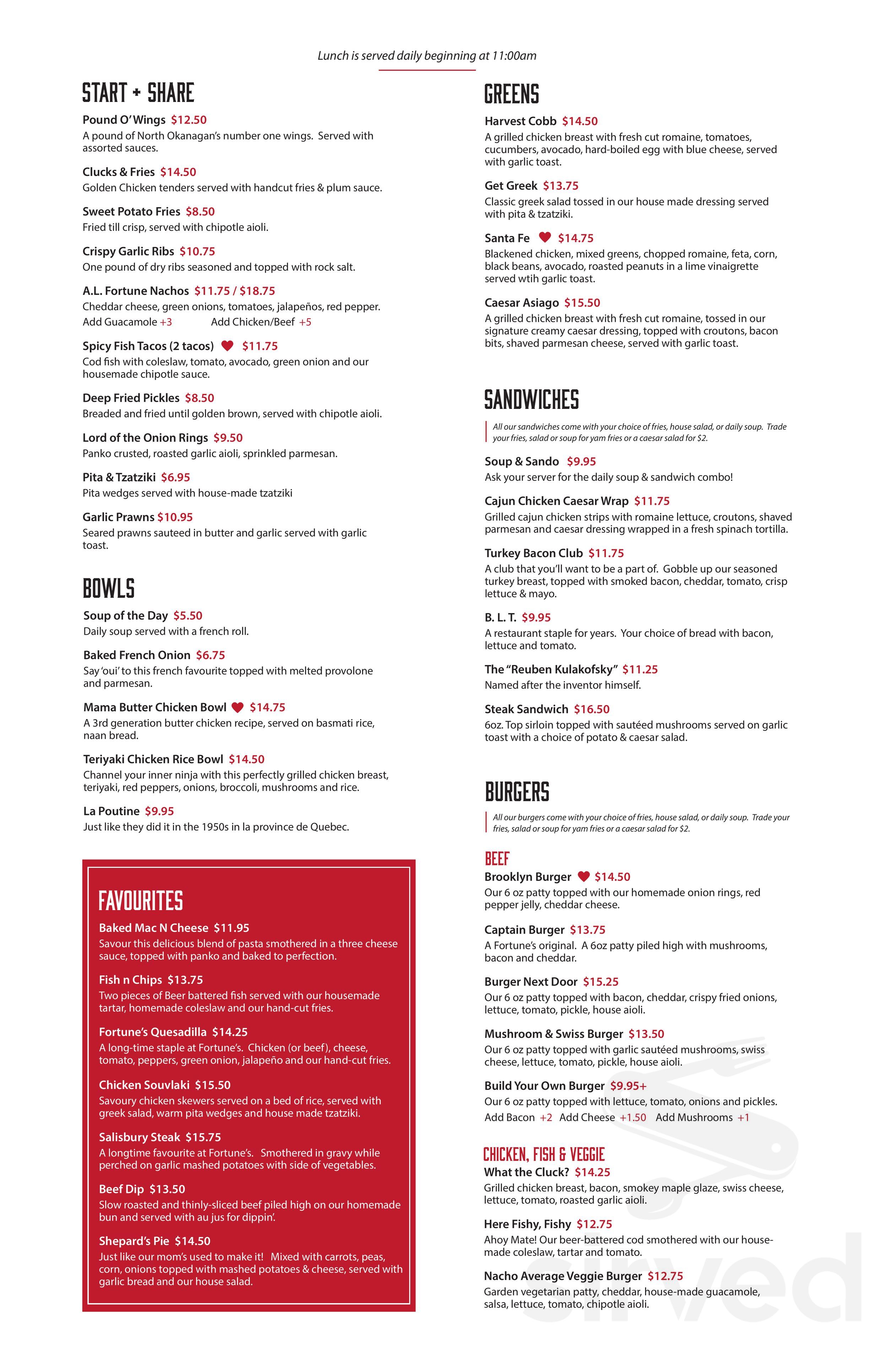 Fortunes Restuarant menu in Enderby, British Columbia