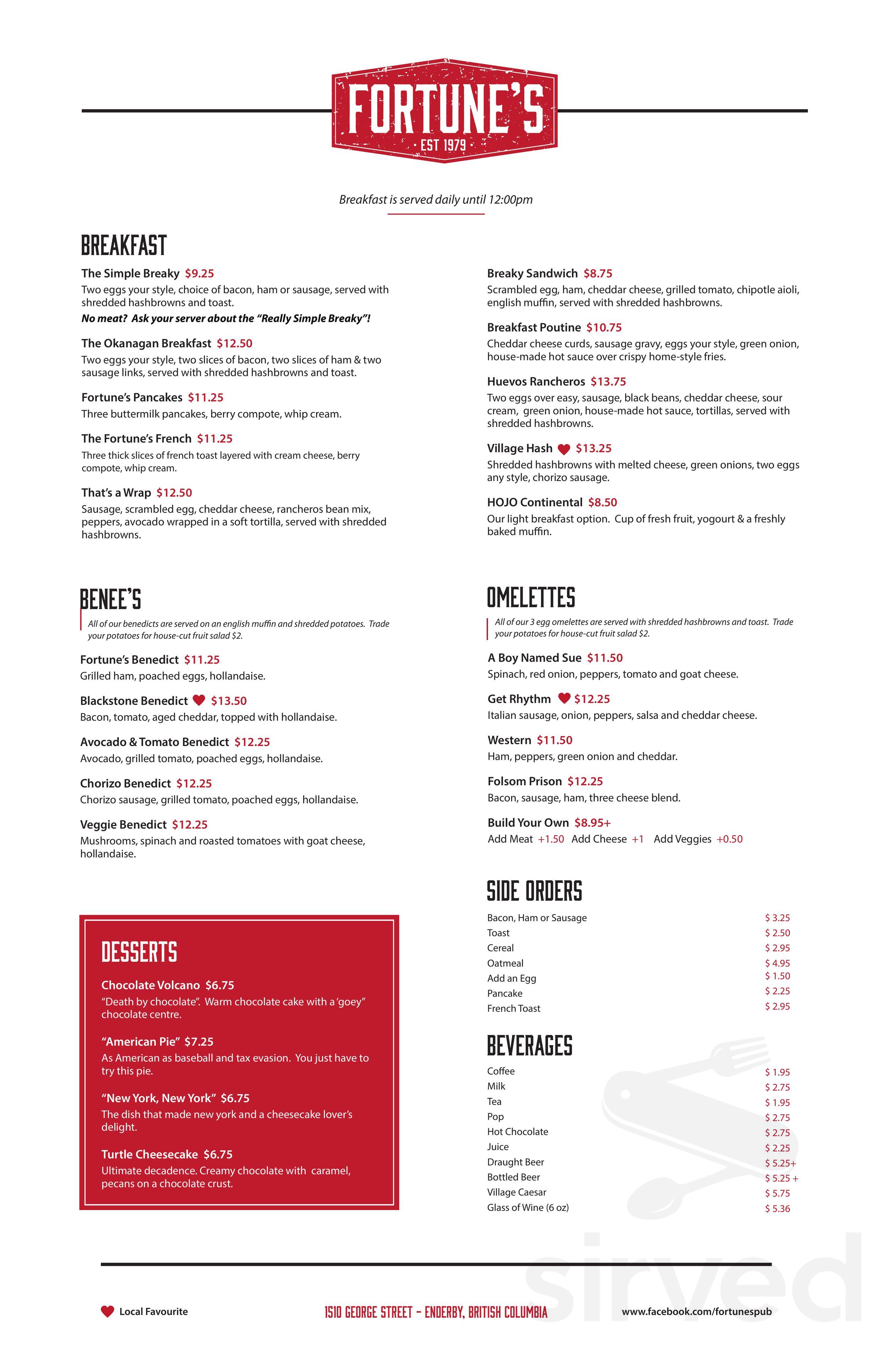Fortunes Restuarant menu in Enderby, British Columbia