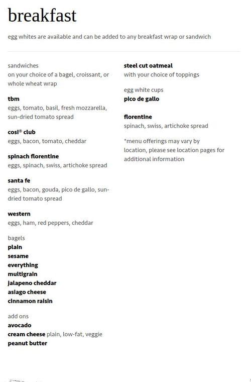 Così menu in Cambridge, Massachusetts, USA