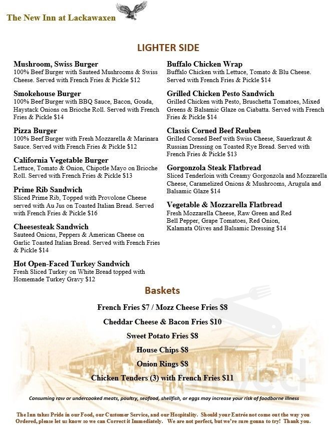 Packer Inn Menu Menu for The New Inn at Lackawaxen in Lackawaxen, PA | Sirved