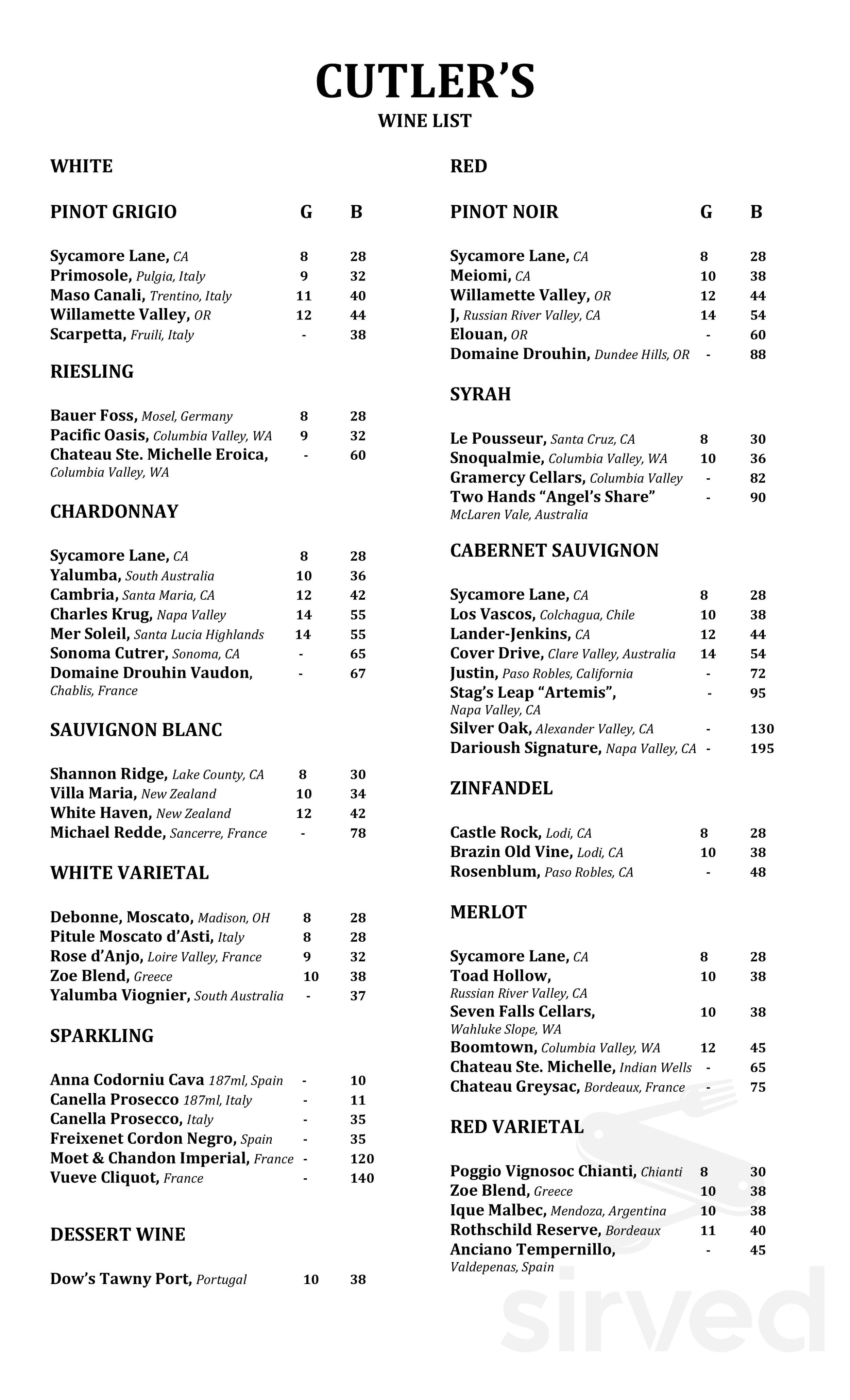 Cutler's Restaurant and Bunch of Grapes Tavern menu in Athens, Ohio, USA