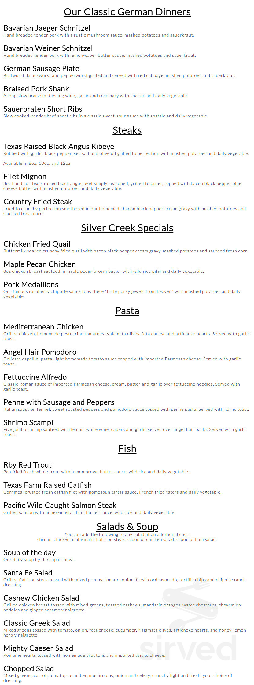 Silver Creek Beer Garden & Grille menu in Fredericksburg, Texas, USA