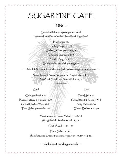 Sugar Pine Cafe menu in Mariposa, California, USA