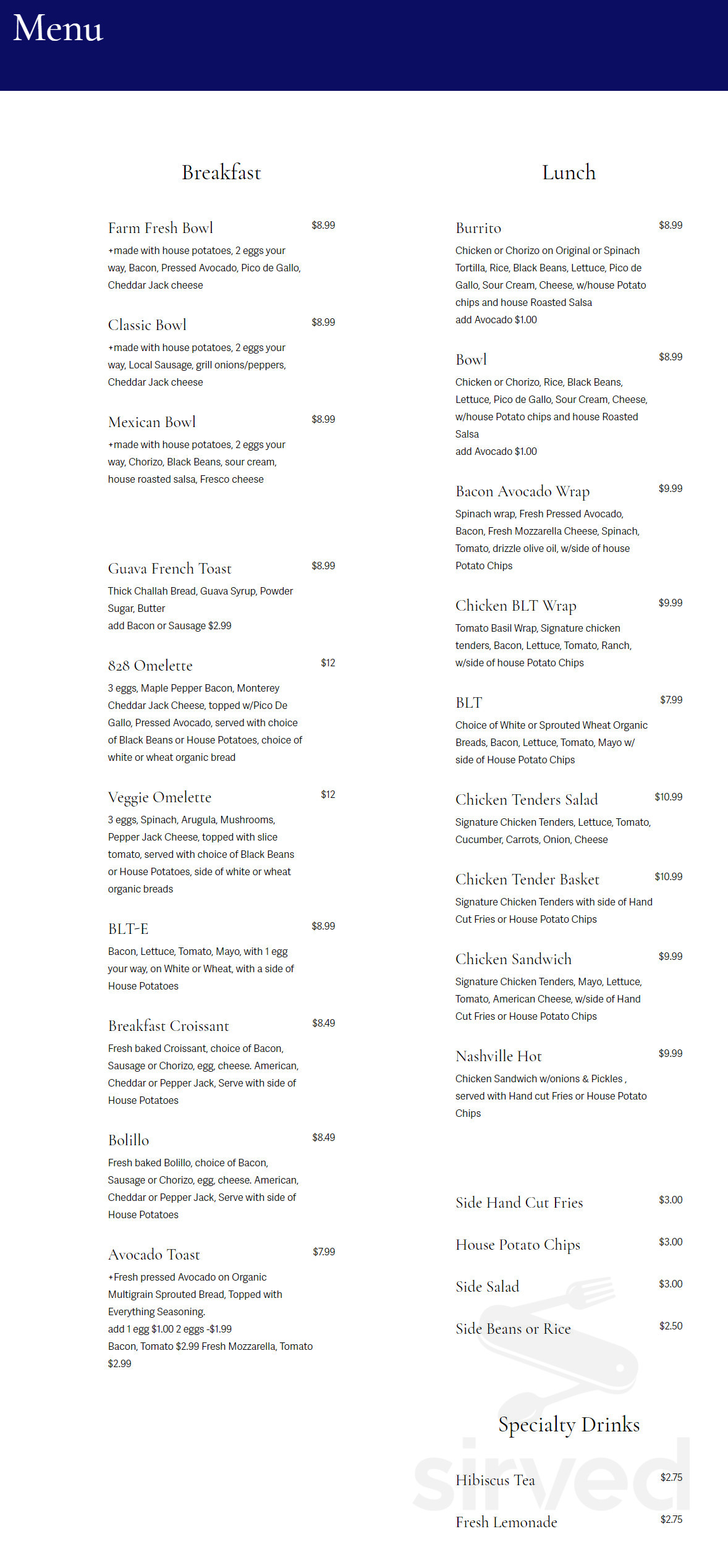 Menu for 828 cafe in Franklin, NC | Sirved