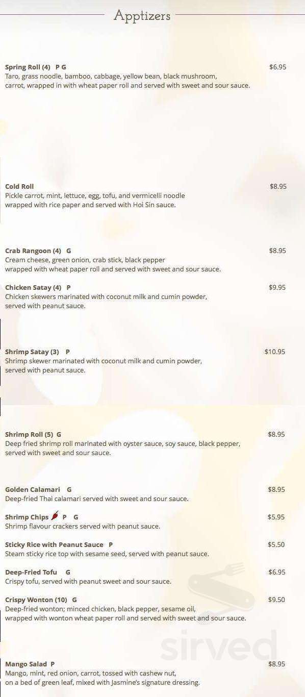 Jasmine Thai Cuisine Restaurant (at Charlotte Mews) menu in Peterborough, Ontario