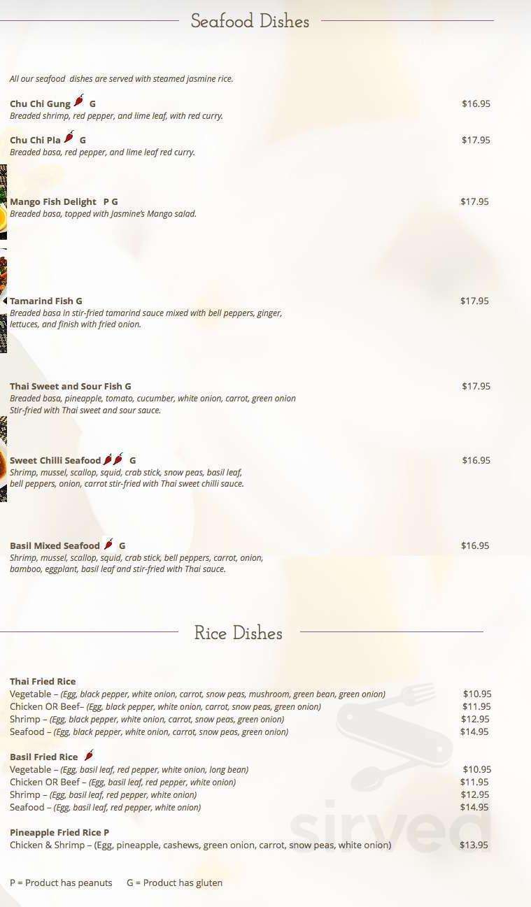 Jasmine Thai Cuisine Restaurant (at Charlotte Mews) menu in Peterborough, Ontario