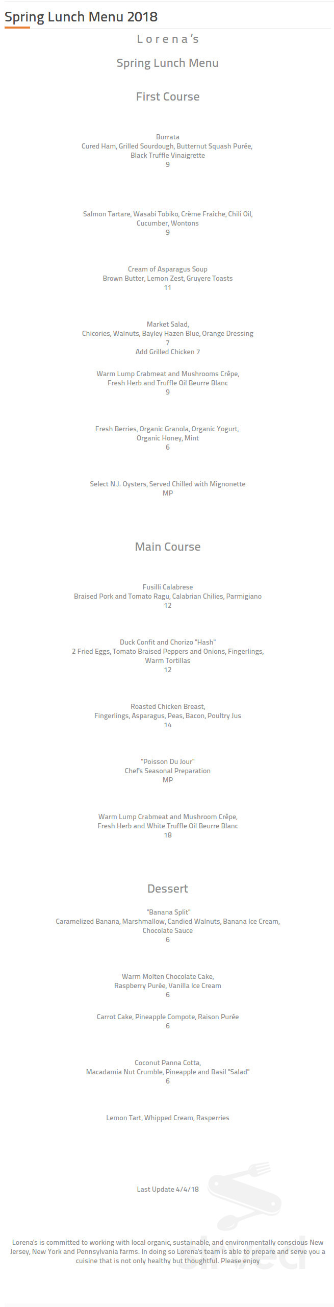 Restaurant Lorena's lunch menu in Maplewood, New Jersey