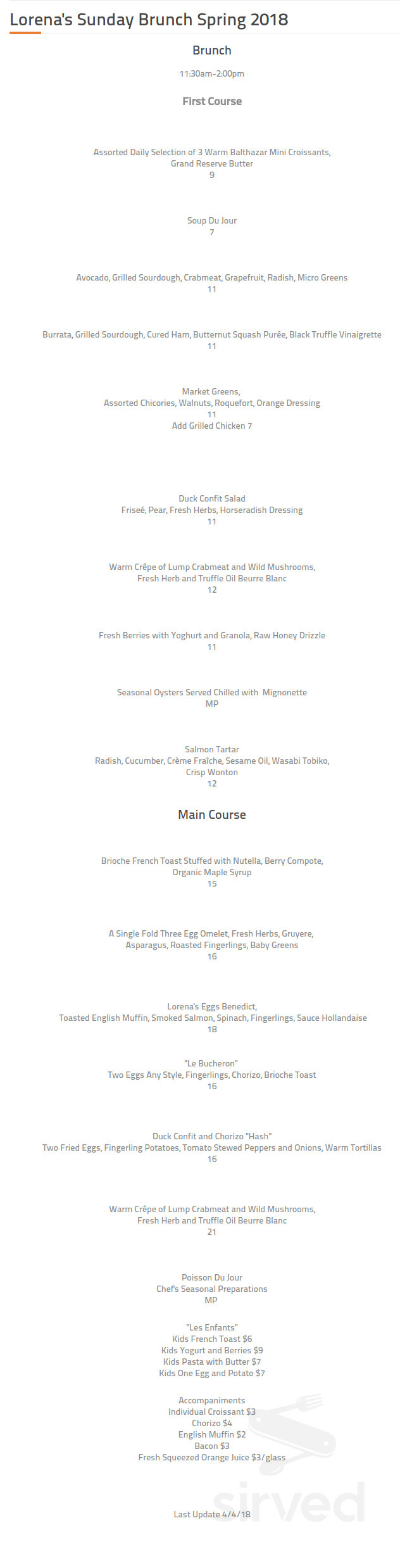 Restaurant Lorena's brunch menu in Maplewood, New Jersey