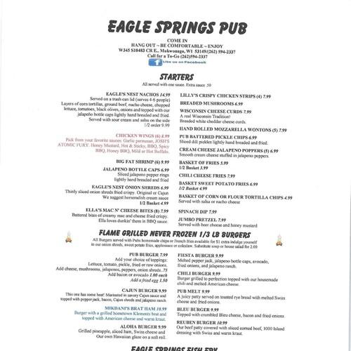 Eagle Springs Pub by Sideliners menu in Mukwonago, Wisconsin, USA