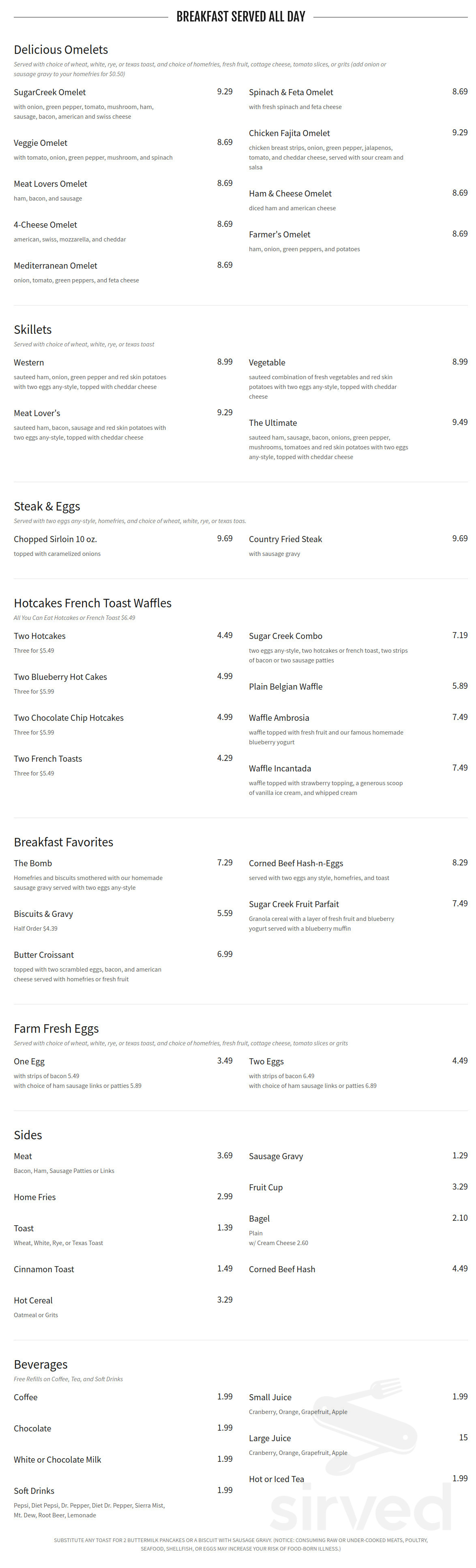 Sugar Creek Restaurant menu in Gainesville, Florida, USA