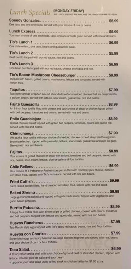 Tio's Mexican Bar And Grill Menu In Paragould, Arkansas, Usa