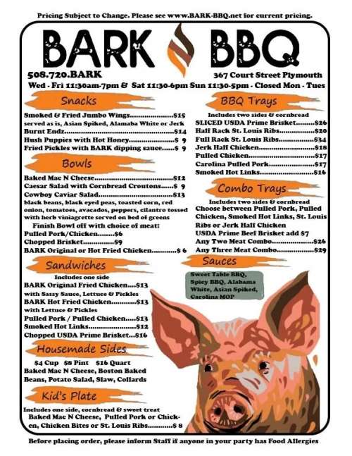 BARK BBQ menu in Plymouth, Massachusetts, USA