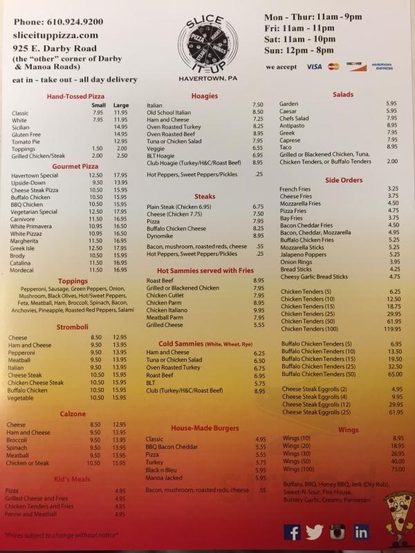 Slice It Up Pizza and Catering menu in Havertown, Pennsylvania