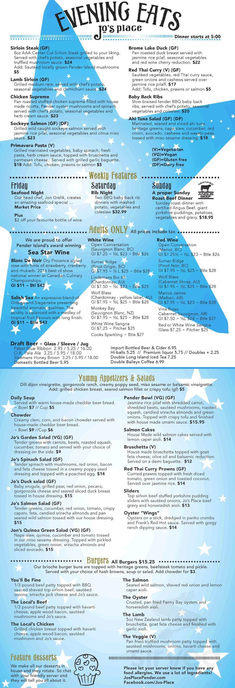 Jo's Place menu in Pender Island, British Columbia