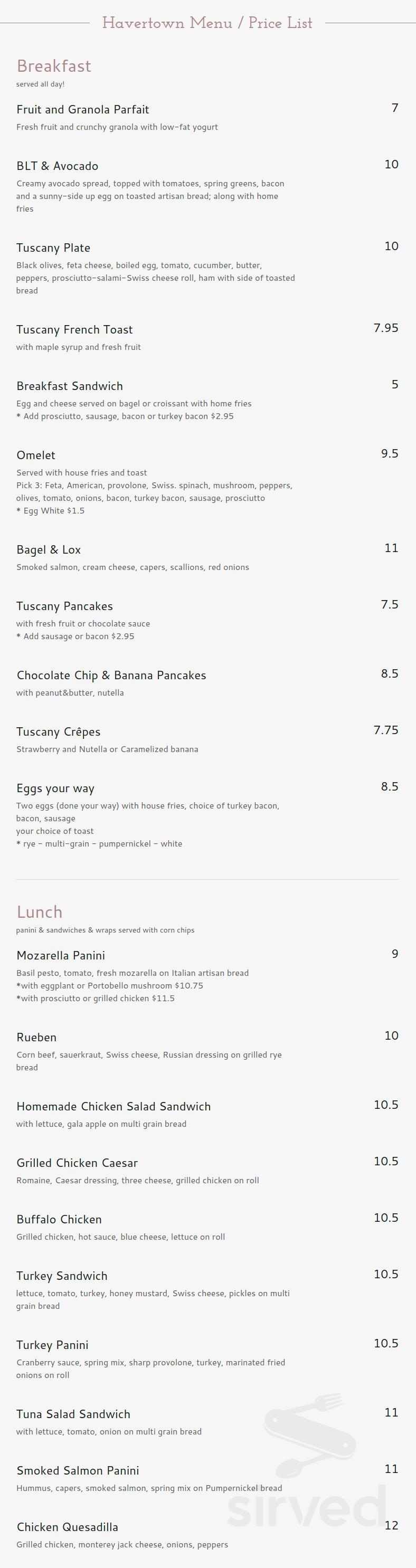 Tuscany Cafe menu in Havertown, Pennsylvania